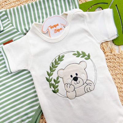  CONJ. DE MALHA 3 PEÇAS - Ursinho com Raminhos - Verde e Off White